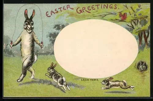 AK Hase im Osterei bei Halt gegen das Licht, spielende Osterhasen auf einer Wiese