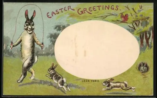 AK Osterhase mit Springseil und Osterei, Lämmer und Osterhase im Ei bei Halt gegen das Licht