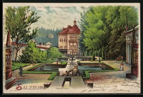 Lithographie Salzburg, Blick zum Hellbrunn, Mond bei Halt gegen das Licht
