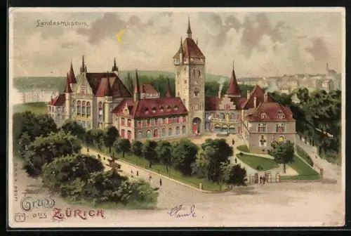 Lithographie Zürich, Landesmuseum mit Strasse, Halt gegen das Licht