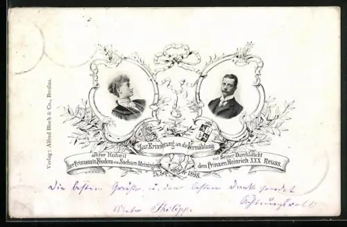 AK Vermählung der Prinzessin Feodora von Sachsen-Meiningen mit dem Prinzen Heinrich XXX 1898