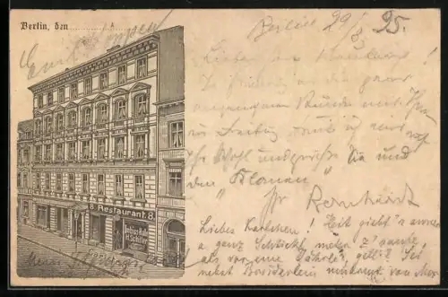 Vorläufer-Lithographie Berlin, 1895, Gasthof Imbiss-Halle von H. Schiller in der Karlstrasse 8