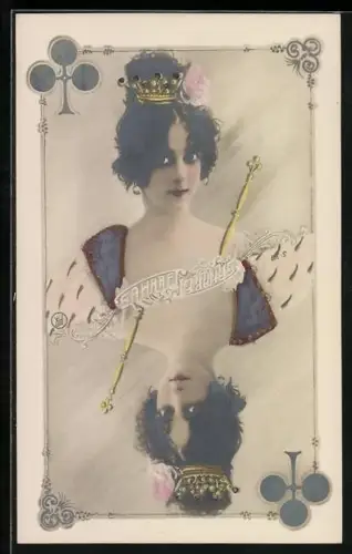 AK Tänzerin Saharet als Kreuz-Dame auf einer Spielkarte