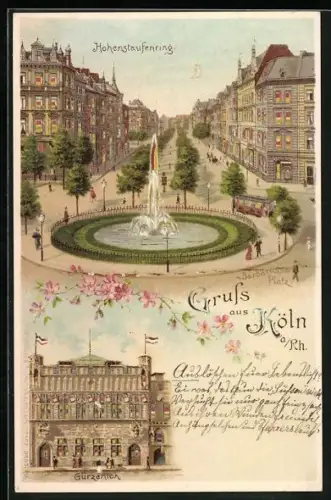 Lithographie Köln a. Rh., Gürzenich und Hohenstaufenring, beleuchtete Fenster, Halt gegen das Licht