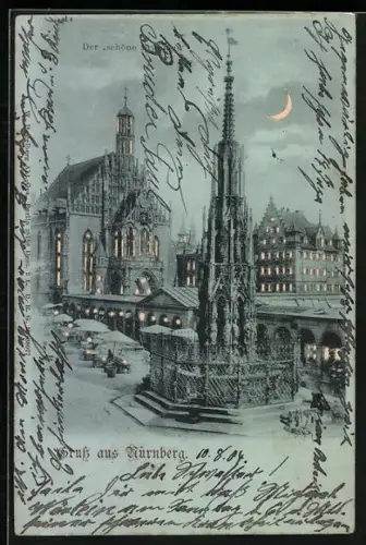 Mondschein-AK Nürnberg, Der schöne Brunnen, leuchtende Fenster bei Halt gegen das Licht