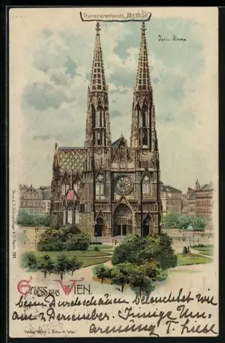 Lithographie Wien, Votiv-Kirche, Vollmond bei Halt gegen das Licht