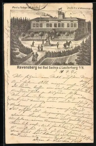 Vorläufer-Lithographie Bad Sachsa, 1891, Gasthof Ravensberg mit Besuchern
