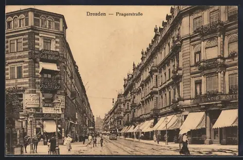 AK Dresden, Sendig Hotel, Café Hülfert in der Pragerstrasse, Strassenbahn