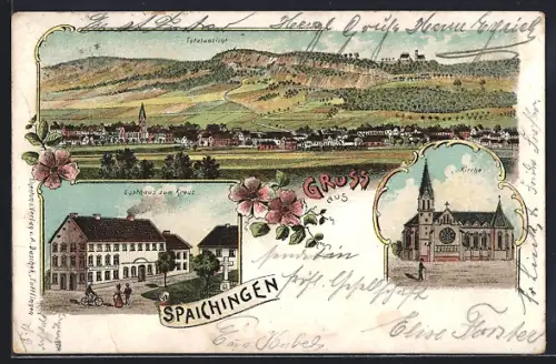 Lithographie Spaichingen, Gasthaus zur Krone, Kirche