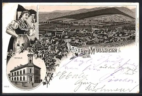 Lithographie Müllheim, Rathaus, Panorama, Frau in Trachten