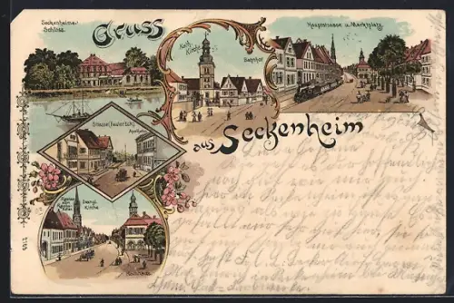 Lithographie Seckenheim, Hauptstrasse & Marktplatz mit Eisenbahn, Restauration zum Reichsadler, Bahnhof, Fauler Eck