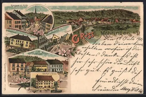 Lithographie Möhringen a. D., Gasthof zur Krone, Gasthäuser Hecht und Hirsch