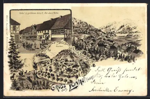 Lithographie Lonau i. Harz, Hotel z. goldenen Hirsch, Bes. Louis Tölke