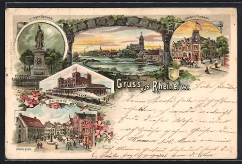Lithographie Rheine i. W., Kriegerdenkmal, Ortsansicht, Kaiserl. Post, Bahnhof