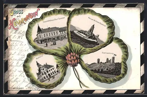 Passepartout-Lithographie Heldrungen, Geschäft Paul Sommer, Kaiser-Wilhelm-Denkmal, Rathaus, Sachsenburg