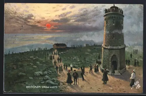 Künstler-AK Brocken, Aussichtsturm bei Sonnenuntergang