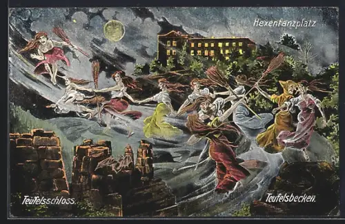 Künstler-AK Bodetal, Hexentanzplatz, Teufelsschloss, Teufelsbecken