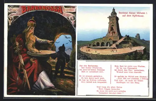 Künstler-AK Kyffhäuser, Barbarossa-Sage, Denkmal Kaiser Wilhelm I