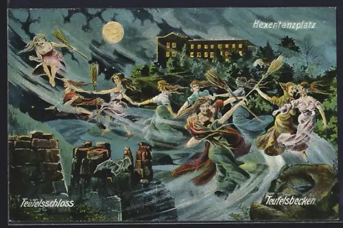 Künstler-AK Bodethal, Hexentanzplatz, Hexentanz, Teufelsschloss, Teufelsbecken