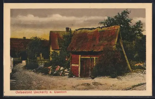 AK Ueckeritz a. Usedom, Reetgedeckte Bauernhäuser
