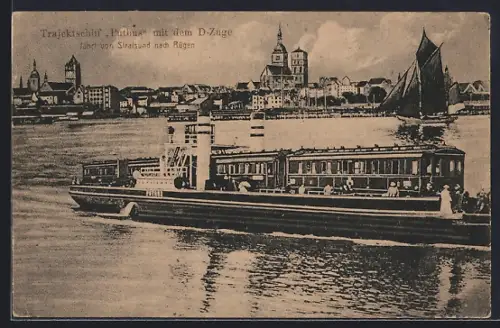 AK Stralsund, Trajektschiff Putbus mit D-Zug, Fahrt nach Rügen