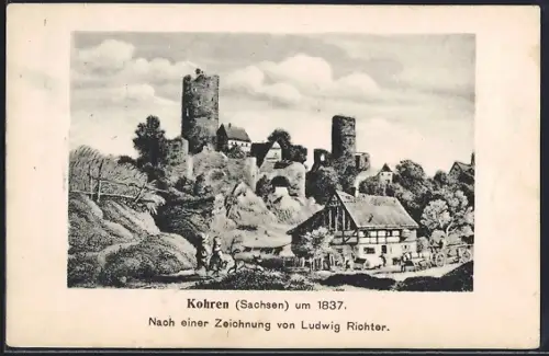 Künstler-AK Kohren /Sachsen, Burganlage nach Zeichnung von Ludwig Richter um 1837