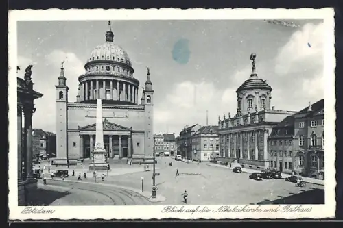 AK Potsdam, Blick auf die Nikolaikirche und Rathaus