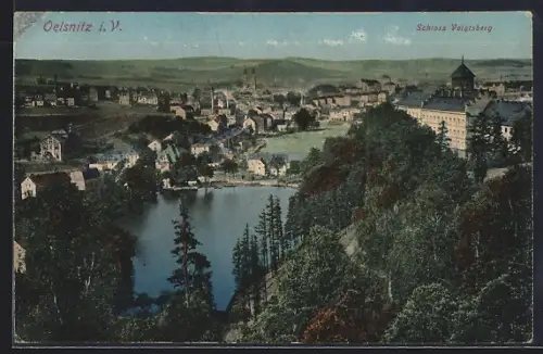 AK Oelsnitz i. V., Schloss Voigtsberg, Stadtansicht mit Teich