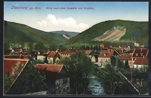 AK Ilsenburg am Harz, Blick nach dem Ilsetein und Brocken