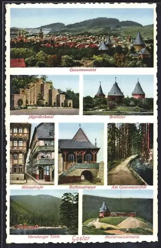 AK Goslar, Gesamtansicht, Jägerdenkmal, Münzstrasse, Maltermeisterturm, Rathaus, Gosewasserfall