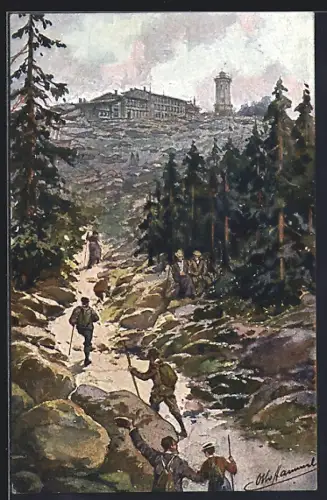 Künstler-AK Brocken, Brockenhotel und Aussichtsturm, Wanderer auf dem Aufstieg
