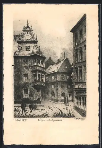 Künstler-AK Mainz, Erker des alten Gymnasiums