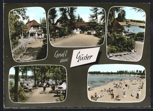 AK Güster am Prüss-See, Seepavillon, Strand, Badegäste
