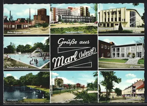 AK Marl /Westf., Zeche Auguste Victoria, Paracelsus-Klinik, Theater, Volkspark