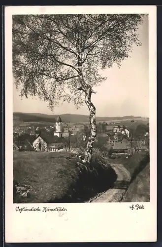 AK Bad Brambach, Ortsansicht mit Kirche und Landschaft