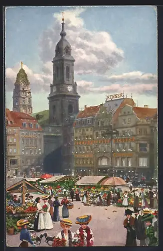 Künstler-AK Dresden, Altmarkt, Blumenmarkt, Kreuzkirche, Rathausturm