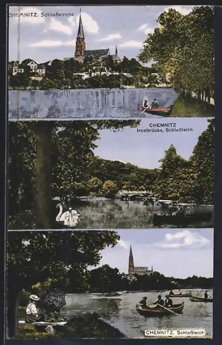 AK Chemnitz, Schlosskirche, Inselbrücke, Schlossteich