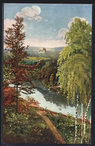 Künstler-AK Niederschlema im Erzgebirge, Landschaftsansicht mit Schloss und Fluss