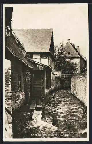 AK Goslar, Am Klapperhagen, Wasserrad, Fachwerkhäuser