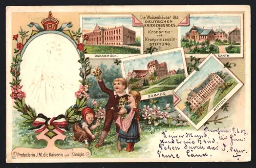 Lithographie Römhild, geprägtes Portrait der Kaiserin, Die Waisenhäuser in Osnabrück, Canth, Wittlich, Kinder mit Blumen