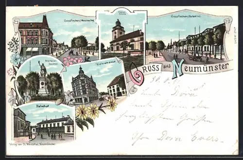 Lithographie Neumünster, Kielerstrasse, Bahnhof, Drei Kaiser Denkmal