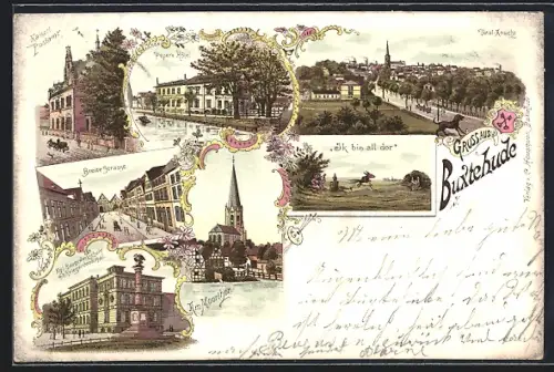 Lithographie Buxtehude, Peper`s Hotel, Kaiserl. Postamt, Breite Strasse, Kgl. Baugewerkschule mit Kriegerdenkmal, Am Moo