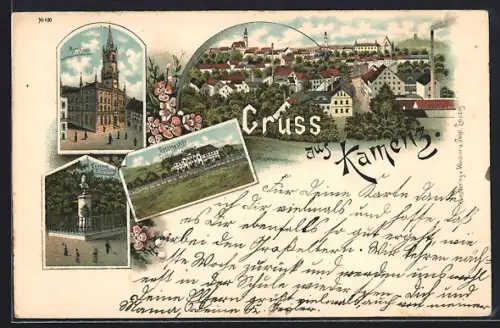 Lithographie Kamenz, Rathaus, Lessing-Denkmal, Lessingstift, Panorama