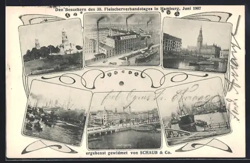 AK Hamburg, 30. Fleischerverbandstag Hamburg 1907, Jungfernstieg, Hafen, Rathaus, Fabrik Schaub & Co.