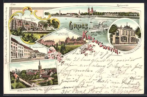 Lithographie Kaiserswerth, Marktstrasse, Geschäftshaus Lorenz Apel, Dampfer auf dem Rhein
