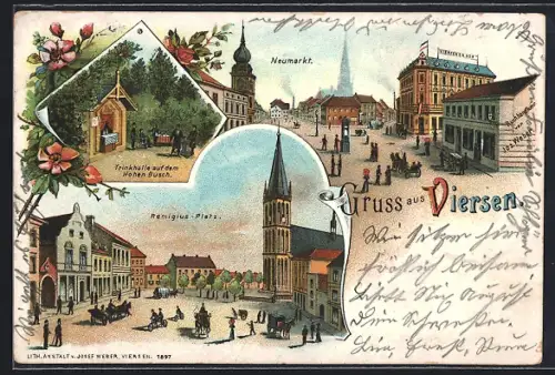 Lithographie Viersen, Neumarkt, Remigius Platz, Trinkhalle auf Hohen Busch