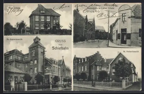 AK Schiefbahn, Bahnstrasse mit alter Schule, St. Hubertusstift, Neue Schule