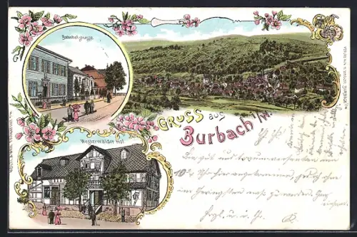 Lithographie Burbach i. W., Hotel Westerwalder Hof, Bahnhofstrasse, Totalansicht