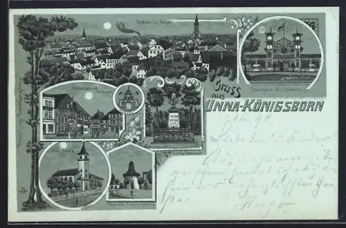 Mondschein-Lithographie Unna-Königsborn, Markltplatz mit Denkmal, Badehaus Königsborn, Kath. Kirche, Trinkhalle