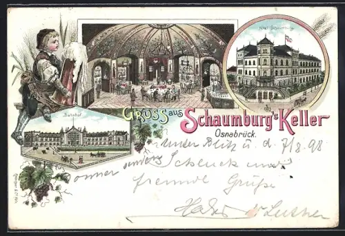 Lithographie Osnabrück, Hotel Schaumburg, Schaumburg`s Keller, Bahnhof